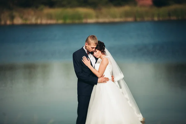 El amor y la pasión - el beso de la pareja casada joven de boda cerca del lago — Foto de Stock