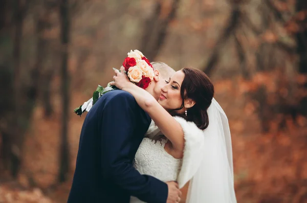 Pár boldog esküvő, a menyasszony és a vőlegény park őszi pózol — Stock Fotó