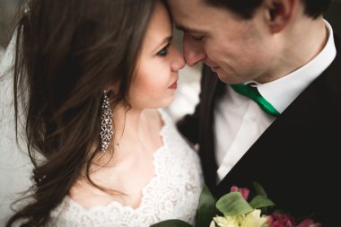 Mutlu evlilik çift, gelin ve damat zemin Dağları nın karşı temiz nehir poz