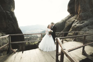 Mutlu evlilik çift, gelin ve damat kayalar güzel manzaralı yakınındaki poz