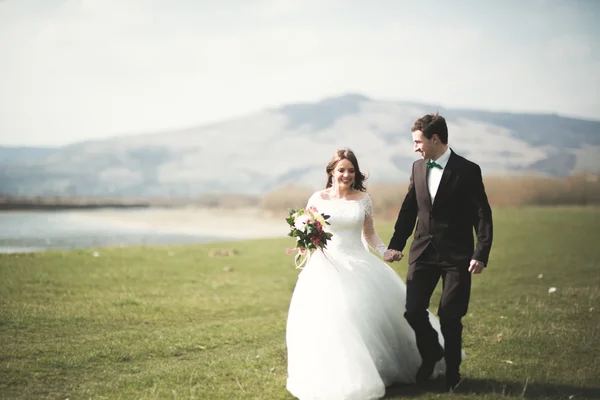 Mooie bruiloft paar, bruid, bruidegom poseren en wandelen in veld tegen de achtergrond van de hoge bergen — Stockfoto