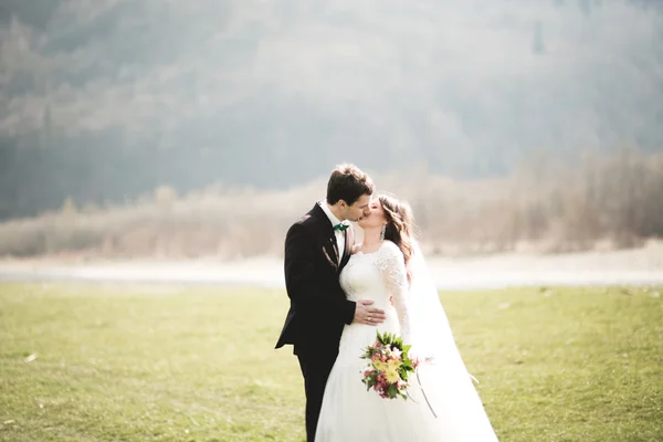 Hermosa pareja de boda, novia, novio posando y caminando en el campo sobre el fondo de las altas montañas — Foto de Stock