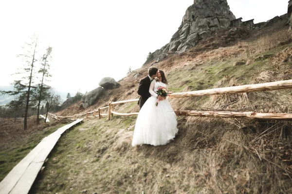 Happy wedding couple kissing and hugging near a high cliff — Stock Photo, Image