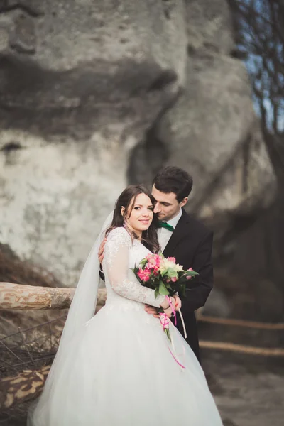 Happy wedding couple kiss and hugging near a high cliff — Stok Foto