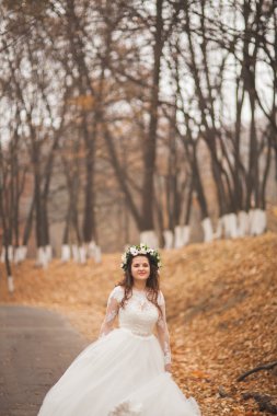 Park ve orman sonbaharda poz güzel gelin