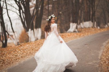 Park ve orman sonbaharda poz güzel gelin