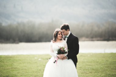 Güzel düğün çift, Gelin, poz ve yüksek Dağları arka planı alanında yürüme damat