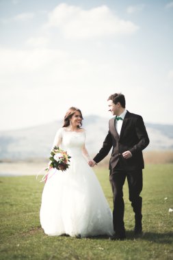 Güzel düğün çift, Gelin, poz ve yüksek Dağları arka planı alanında yürüme damat