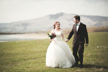 Güzel düğün çift, Gelin, poz ve yüksek Dağları arka planı alanında yürüme damat