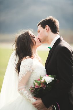 Güzel düğün çift, Gelin, poz ve yüksek Dağları arka planı alanında yürüme damat