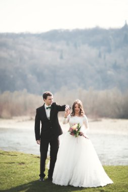 Güzel düğün çift, Gelin, poz ve yüksek Dağları arka planı alanında yürüme damat