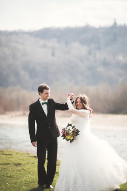 Güzel düğün çift, Gelin, poz ve yüksek Dağları arka planı alanında yürüme damat