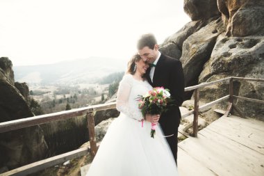 Mutlu evlilik çift, gelin ve damat kayalar güzel manzaralı yakınındaki poz