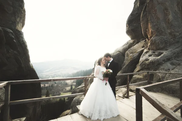 Verheugd huwelijksfeest paar, bruid en bruidegom poseren in de buurt van rotsen met prachtig uitzicht — Stockfoto