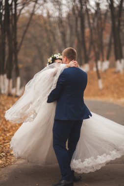 Mutlu evlilik çift, gelin ve damat sonbahar ormanda yürüyüş parkı