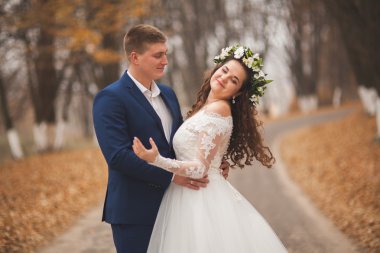 Mutlu evlilik çift, gelin ve damat sonbahar ormanda yürüyüş parkı