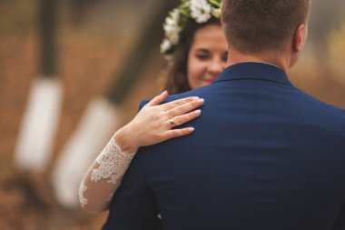 Mutlu evlilik çift, gelin ve damat sonbahar ormanda yürüyüş parkı