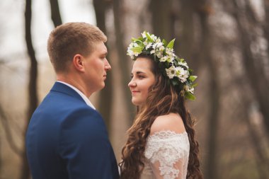 Mutlu evlilik çift, gelin ve damat sonbahar ormanda yürüyüş parkı