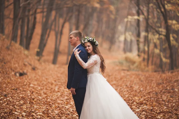 Gelukkig bruidspaar, bruid en bruidegom lopen in de herfst bos, park — Stockfoto