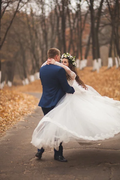 Šťastný, Svatební pár, nevěsta a ženich v podzimním lese, park — Stock fotografie