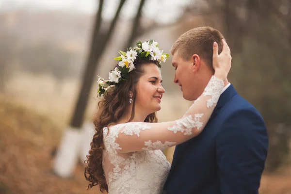 Happy bröllopsparet, bruden och brudgummen promenader i skogen höst, parkera — Stockfoto