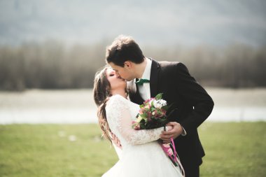 Güzel düğün çift, Gelin, poz ve yüksek Dağları arka planı alanında yürüme damat