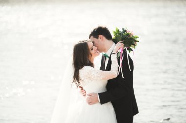 Mutlu yeni evliler, gelin ve damat nehir manzarası ile poz