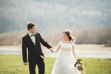 Güzel düğün çift, Gelin, poz ve yüksek Dağları arka planı alanında yürüme damat