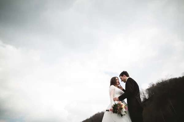 Feliz pareja de boda, novia y novio posando río aseado contra el telón de fondo de las montañas —  Fotos de Stock