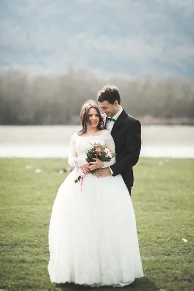 Bella coppia di nozze, sposa, sposo in posa e camminare in campo sullo sfondo di alte montagne — Foto Stock