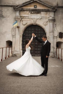 Mutlu düğün kaç sarılma ve birbirlerine arka plan güzel bitkiler kale üzerinde gülümseyen