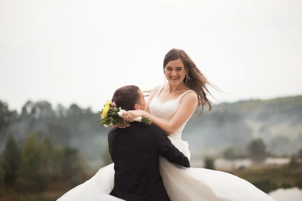 Elegante hermosa pareja de boda posando cerca del lago en el parque — Foto de Stock