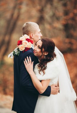 Mutlu evlilik çift, gelin ve damat park sonbaharda poz