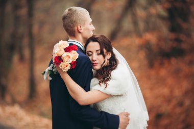 Mutlu evlilik çift, gelin ve damat park sonbaharda poz