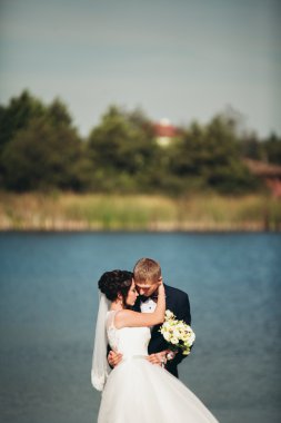 Aşk ve tutku - lake yakınındaki evli genç düğün çift öpücük