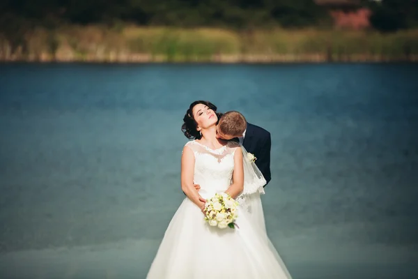 愛と情熱 - 湖の近く結婚して若い結婚式のカップルのキス — ストック写真