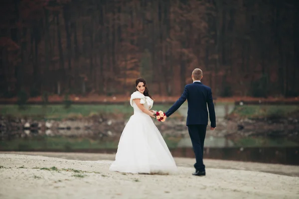 El amor y la pasión - el beso de la pareja casada joven de boda cerca del lago — Foto de Stock