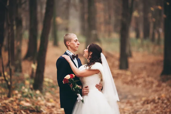 Happy wedding couple, bride and groom posing in park autumn — Stock Photo, Image