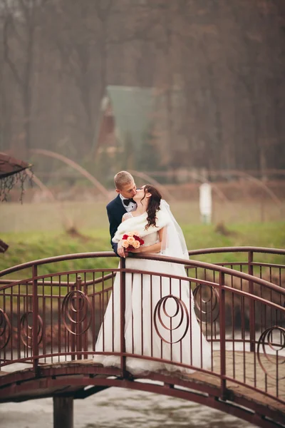 Joyeux couple de mariage, mariée et marié posant dans le parc automne — Photo