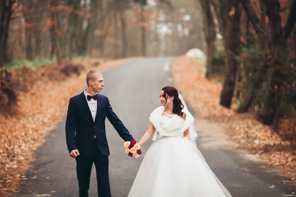 Felice coppia di nozze, sposa e sposo in posa nel parco autunno — Foto Stock