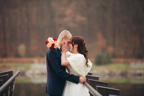 Amore e passione - bacio di coppia nuziale giovane sposata vicino a lago — Foto Stock