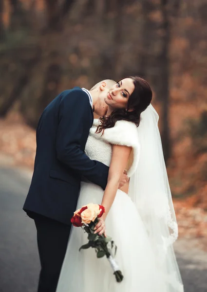 Verheugd huwelijksfeest paar, bruid en bruidegom poseren in het najaar van het park — Stockfoto