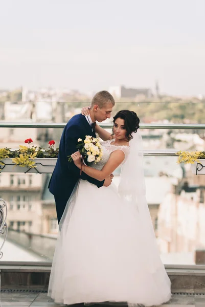 Felice coppia di nozze, sposa, sposo baciare con vista sulla città vecchia — Foto Stock