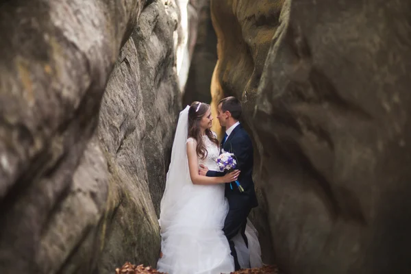 Hermosa pareja de boda besándose y abrazándose en el bosque con grandes rocas —  Fotos de Stock