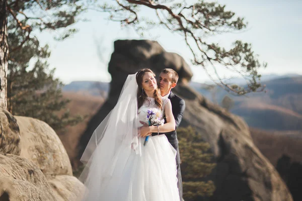 Splendido matrimonio coppia baci e abbracci nella foresta con grandi rocce — Foto Stock