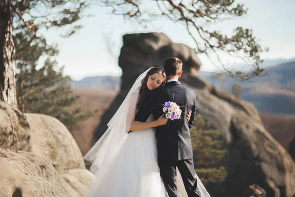 Gyönyörű esküvői pár csókolózás és átölelve az erdő nagy sziklák — Stock Fotó