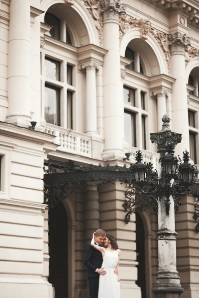 Bella coppia di nozze, sposa, sposo baciare e abbracciare sullo sfondo del teatro — Foto Stock