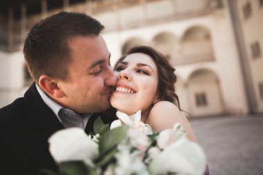 Mutlu düğün çift, damat, Gelin pembe elbise ile sarılma ve birbirlerine arka plan üzerinde gülümseyen duvarlar kalede