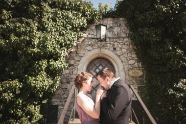 Sarılma ve öpüşme arka plan güzel bitkiler üzerinde lüks Düğün çifti mağara antik kale