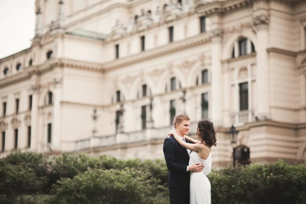 Bella coppia di nozze, sposa, sposo baciare e abbracciare sullo sfondo del teatro — Foto Stock